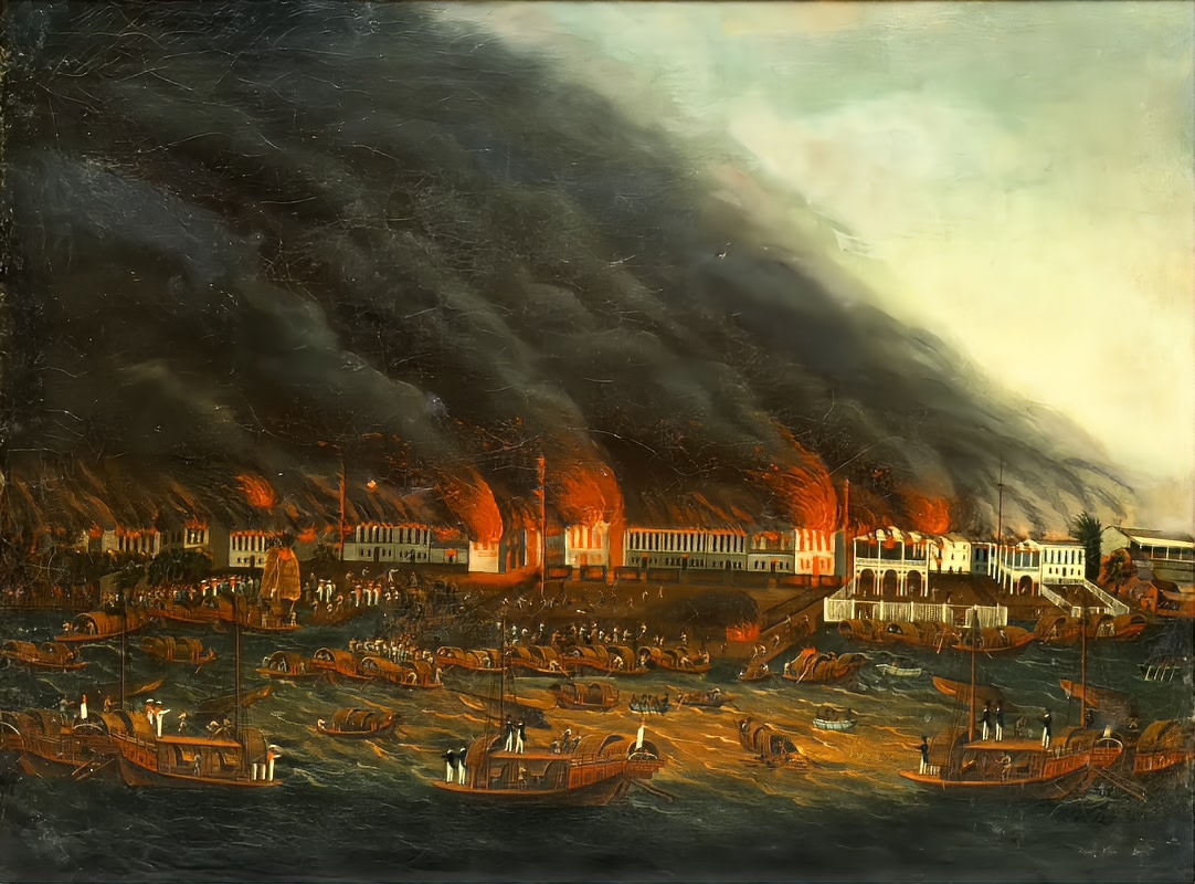 A contemporary print of the fire that destroyed the Canton factories in 1822