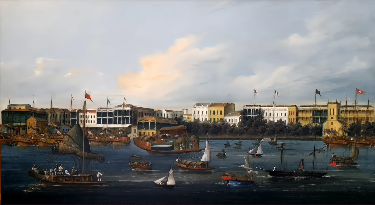 The Pearl River at Guangzhou in the mid-19th century, with trading vessels along the city waterfront