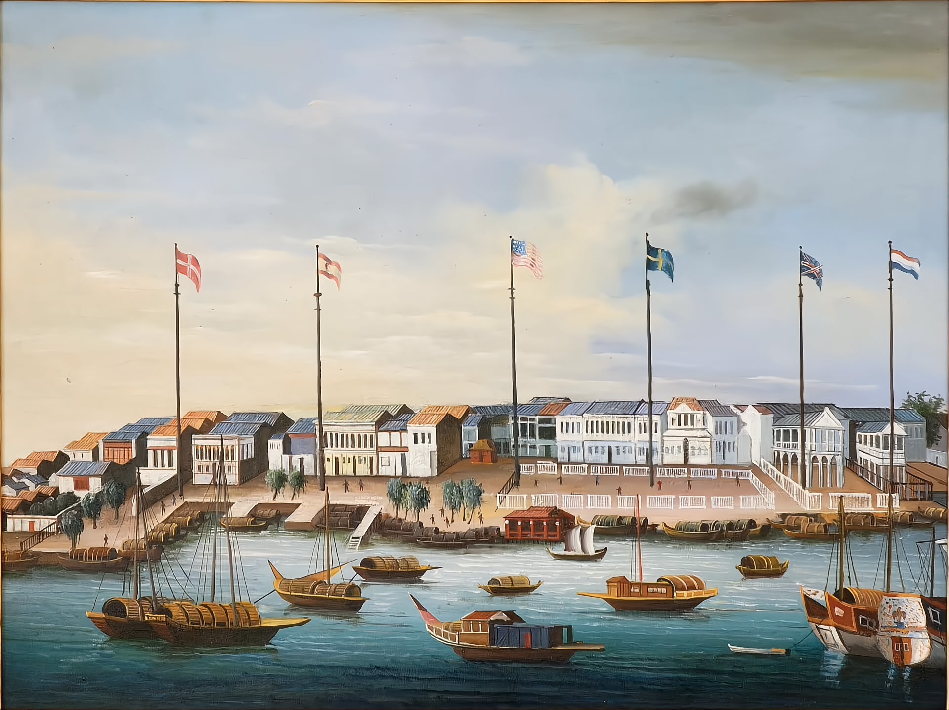 The Thirteen Hongs, or foreign factories, at Canton on the Pearl River in the 19th century