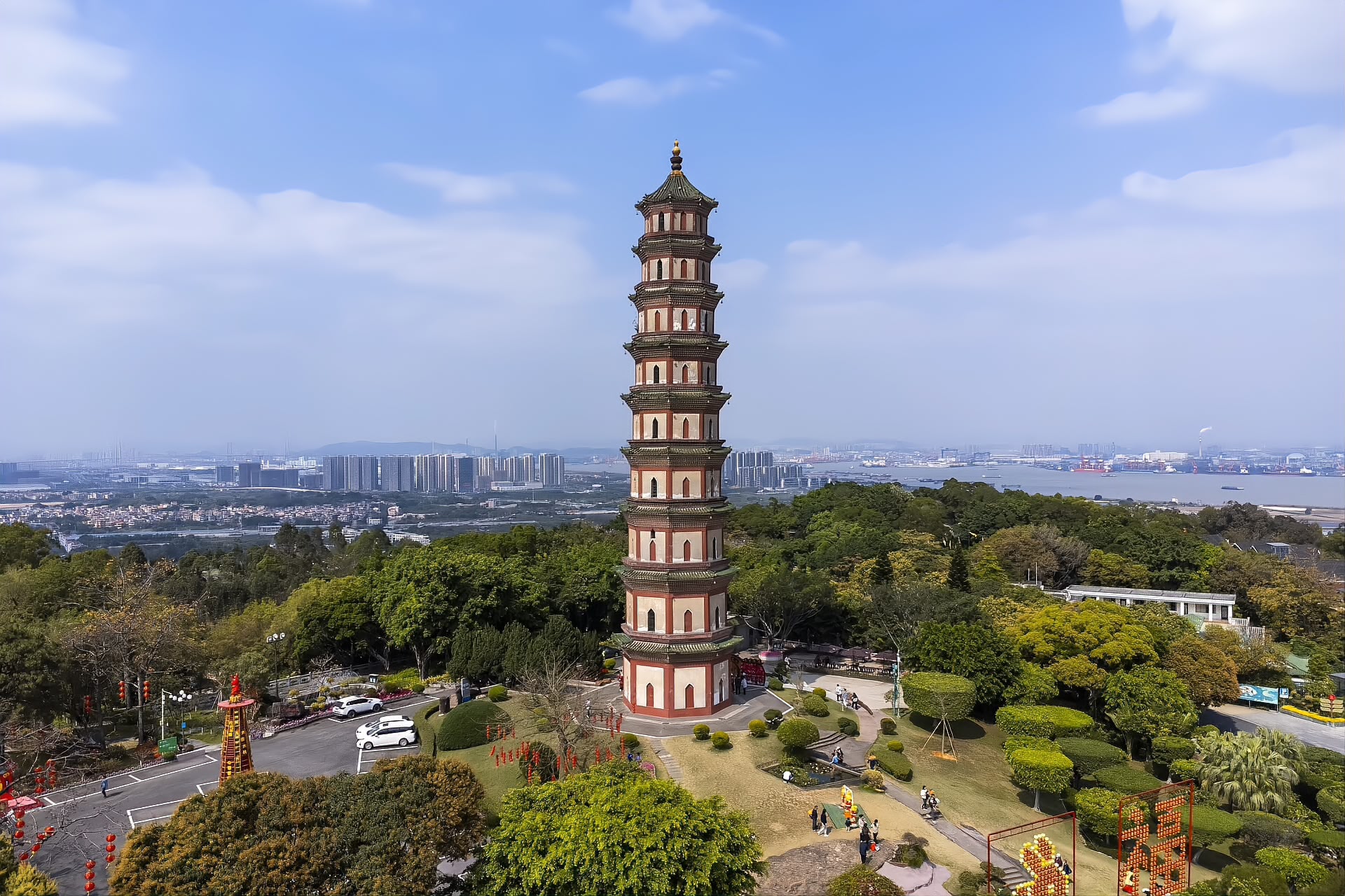 Aerial view of the Ming brick pagoda on the summit of Lianhuashan above the Pearl River estuary, Panyu