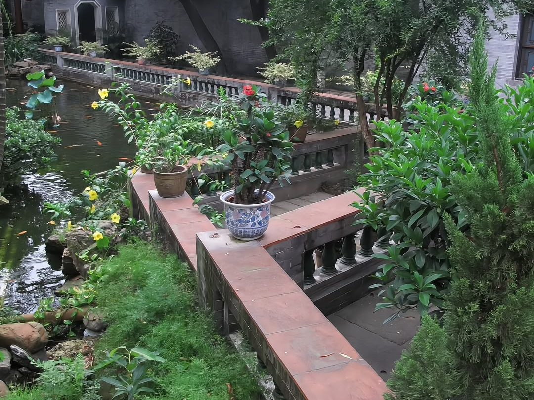 Koi carp in a green pond beneath a granite rockery, water plants at the edges